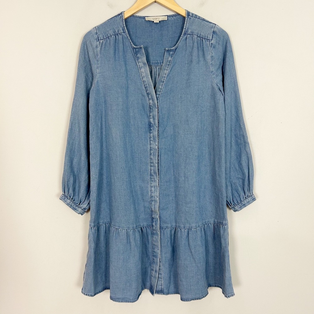 LOFT Dress Blue Chambray Linen Blend Ruffle Hem Size Small Petite Women's